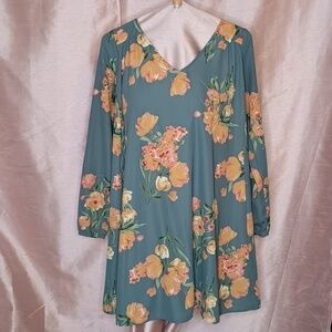 Gray Peach Floral Wide V Neck Long Sleeve Mini Open Back Trapeze Dress 2X